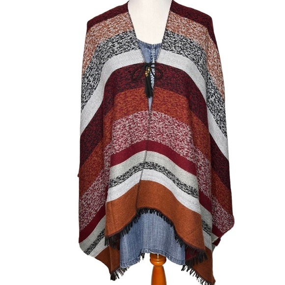 Andrew Mark Aztec Print Large Fringe Shawl Cape Wrap Autumn Colors Stripes Scarf - Picture 2 of 13